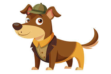 Funny cartoon illustration of a detective dog wearing a green coat and brown hat, holding a magnifying glass over one eye with a curious expression.