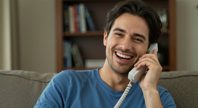 Happy young man talking on a landline phone, expressing joy and connection in a cozy home environment
