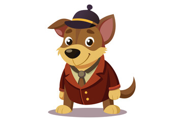 Funny cartoon illustration of a detective dog wearing a green coat and brown hat, holding a magnifying glass over one eye with a curious expression.