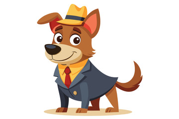 Funny cartoon illustration of a detective dog wearing a green coat and brown hat, holding a magnifying glass over one eye with a curious expression.