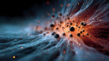 Abstract microscopic view of viral particles attacking cellular structures in fiery red and cool blue contrast.