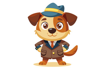 Funny cartoon illustration of a detective dog wearing a green coat and brown hat, holding a magnifying glass over one eye with a curious expression.