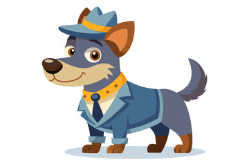 Funny cartoon illustration of a detective dog wearing a green coat and brown hat, holding a magnifying glass over one eye with a curious expression.