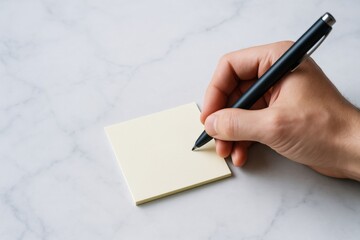 Hand holding black pen writing on blank sticky note on marble background, clean layout for design mockup or presentation concept. Ai generative