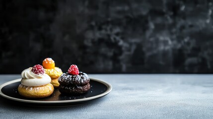 A plate of assorted pastries with a dark, textured background