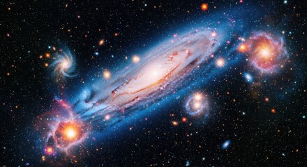 Vivid Spiral Galaxy with Bright Stars and Nebulae in Deep Space