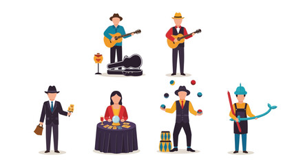 Naklejka premium Street Performers: Musicians, Magician, Fortune Teller