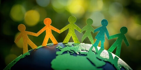 Group of diverse people holding hands, standing on top of the Earth with a green bokeh nature background. Unity and global connection for World People's Day. Paper figures representing human diversity