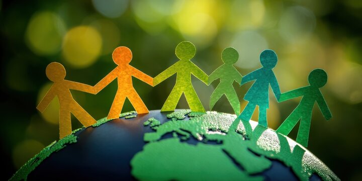 Group of diverse people holding hands, standing on top of the Earth with a green bokeh nature background. Unity and global connection for World People's Day. Paper figures representing human diversity