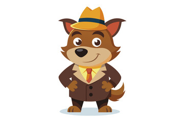 Funny cartoon illustration of a detective dog wearing a green coat and brown hat, holding a magnifying glass over one eye with a curious expression.