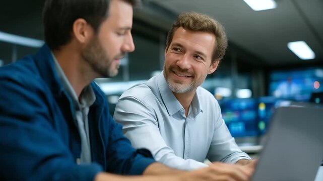Modern office setting with a telecommunications project manager and engineer collaborating on a strategic project plan representing project management, technology innovation, collaborative culture
