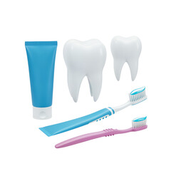 Dental hygiene essentials including toothpaste and toothbrushes with healthy white teeth isolated on transparent background