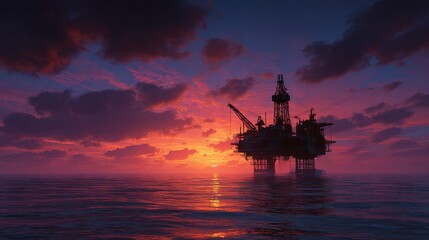 Offshore oil rig at sunset, ocean platform, energy extraction, dramatic sky, industrial scene