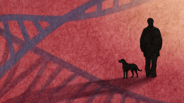 Interwoven dog and human silhouettes against DNA, symbolizing shared health journeys.