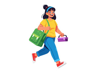 Cheerful Student Going To School: A vibrant illustration of a lively student is on the move, carrying her lunch and backpack, the very image of ready-to-learn eagerness. 