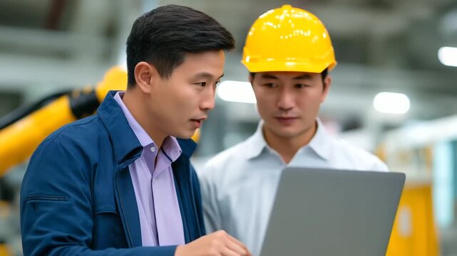 Collaborative tech workspace setting with an Asian engineer demonstrating robot programming to a coworker representing workplace diversity, engineering expertise, technology innovation