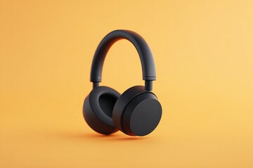 Naklejka premium Stylish black headphones against vibrant yellow background showc