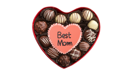 • A heart-shaped box of chocolates with a "Best Mom" label, isolated on white background in HD 