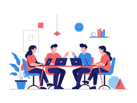 Brainstorming in Modern Workplace: A collaborative scene unfolds as individuals, immersed in a modern work environment, convene around a shared table, laptops poised, ideas flowing.