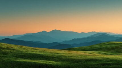 Fototapeta premium Serene Mountain Landscape with Rolling Green Hills at Dusk