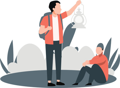 A boy directed his friend with lamps light.