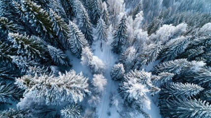Aerial view of snowy trees in the winter forest, cold and icy. Perfect image for holiday, Christmas, or winter themed designs.