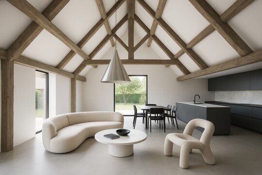 Modern minimalist open-concept interior with exposed wooden beams, neutral furniture, and large windows bringing natural light into the space. Ai generative