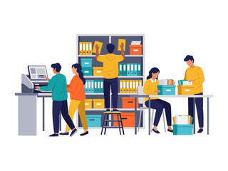 Organizing the Workplace: A group of workers manages and organizes documents, embodying the essence of efficient office management