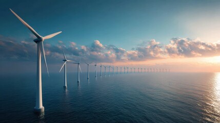 Offshore wind farm at sunset, ocean energy, renewable power