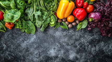 A colorful assortment of fresh vegetables and fruits, including bell peppers, tomatoes, and spinach, arranged on a dark, textured surface with a black background.