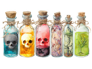 Set of watercolor spooky potion bottles in line on transparent background, decoration clip art mock up