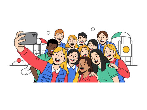 Diverse Selfie Snapshot: A vibrant and diverse group of young people joyfully capture a selfie, illustrating the essence of friendship, unity, and shared experiences in a playfully illustrated design.