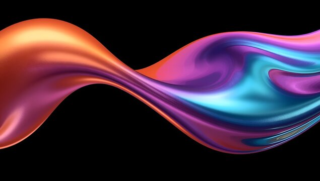 Iridescent fluid wave with metallic sheen on black background - Powered by Adobe