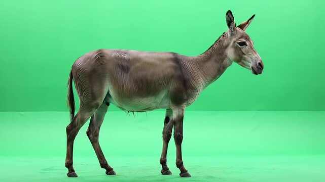 Domestic donkey standing in profile on a vibrant green screen background, perfect for compositing and isolation.