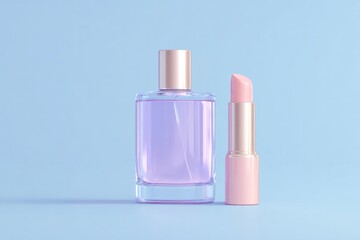 Elegant purple perfume bottle paired with soft pink lipstick on