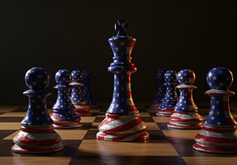 Prominent American flag themed King chess piece on a dark chessboard, symbolizing leadership, power, and national strategy