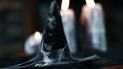 Fototapeta premium A mysterious black witch hat with silver cobweb details, evoking an elegant Halloween atmosphere.