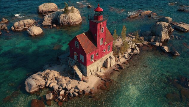 Aerial view of a red lighthouse on a rocky islet
