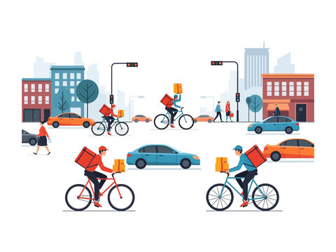 City Courier Commuting: A dynamic illustration showcases a bustling city scene, with couriers efficiently navigating streets on bicycles, delivering packages, amidst cars and pedestrians.