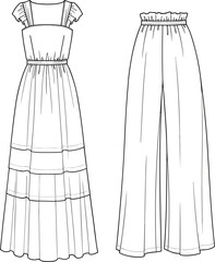 Fashionable summer dress, wide-leg pants, CAD drawing, flat vector illustration, trendy clothing design, garment sketch, fashion technical drawing, apparel template