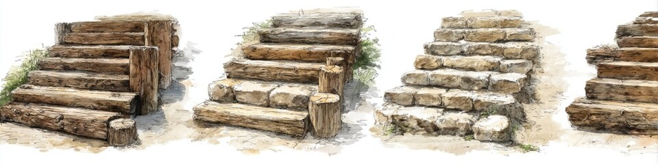 Watercolor illustration of four sets of outdoor stairs, two made of large logs and two made of stone