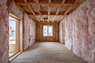 Unfinished room with wood studs, pink insulation, and wood floor. Depicts home construction, energy efficiency, or DIY renovation projects.