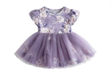 Baby girl lace dress isolated on white background. Fashion Clothes for Children. Pastel purple kids dress with floral pattern, short sleeves. Cute dress for little princess. Babyhood, clothing concept