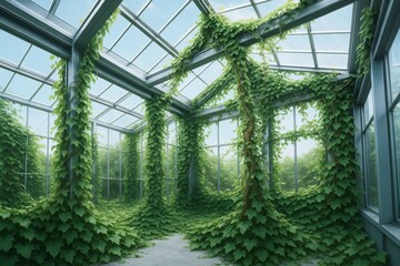 Lush green ivy plants overgrowing an abandoned glass greenhouse with natural light and tranquil background atmosphere in a nature reclaiming concept.