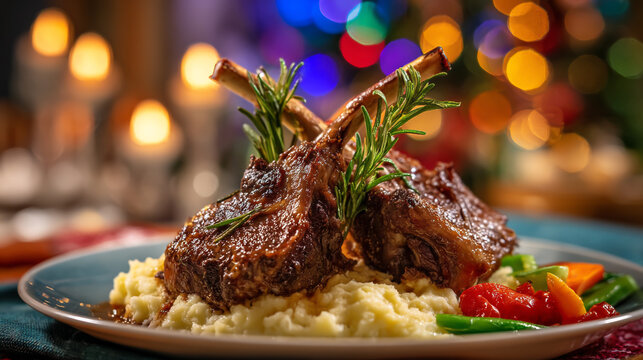 Gourmet lamb chops served with creamy mashed potatoes and festive bokeh lights