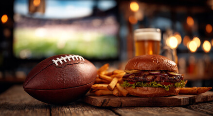American football game day feast with burger fries and beer