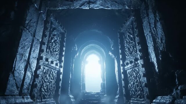 Ancient Stone Temple Doors Opening with Bright Divine Light
