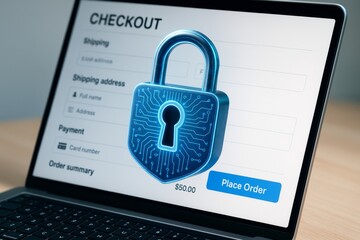 Digital padlock symbolizing secure online payment over a checkout screen on laptop, emphasizing data privacy and cyber protection concept. Ai generative