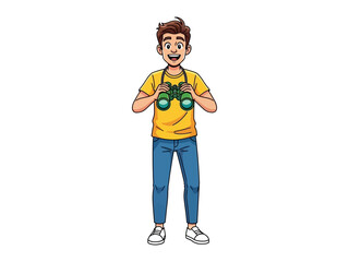 Keen Observer: A smiling person with binoculars in hand, ready for a day of exploration and observation. The person, dressed in casual attire, radiates enthusiasm and eagerness for discovery. 
