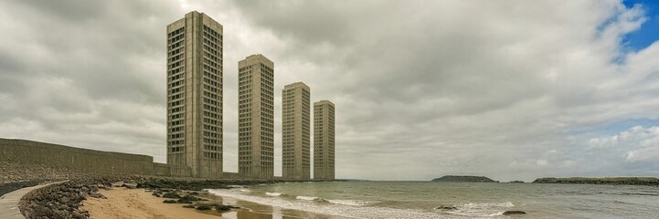 Obraz premium Benidorm insignia skyscrapers rising on poniente beach under cloudy sky